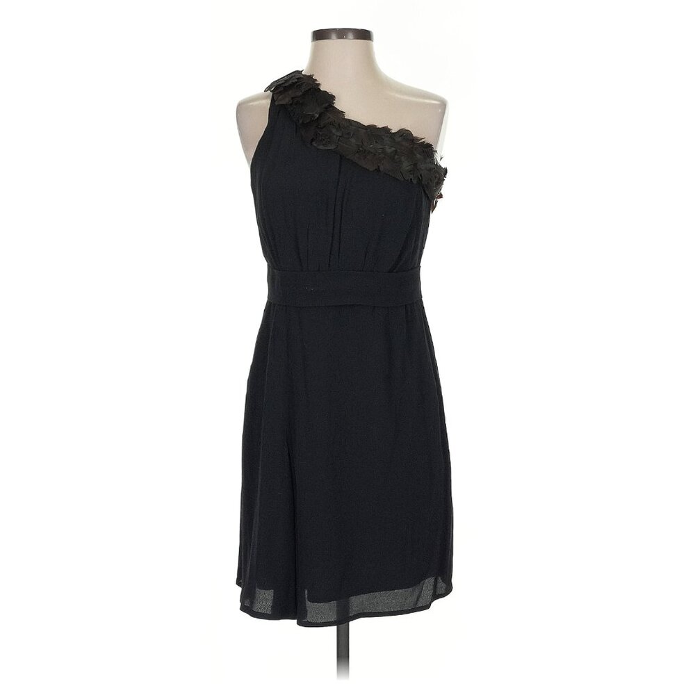 Black Halo feather trim one shoulder black cocktails evening dress size 2